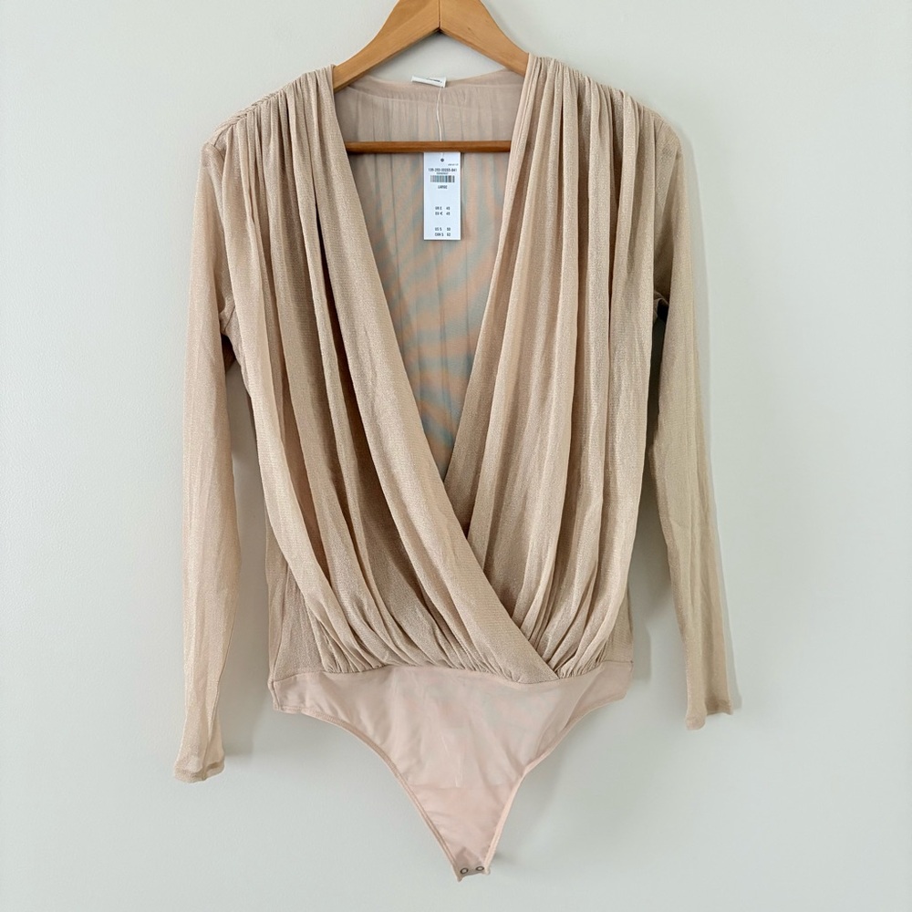 New Abercrombie & Fitch draped bodysuit beige gold glitter drape gathered large